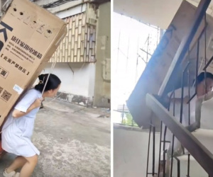 Cô gái cõng tủ lạnh to hơn người leo nhà cao tầng giúp bố giao hàng được dân mạng ca ngợi