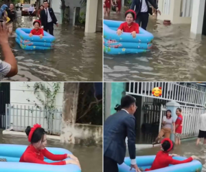 Đám cưới mùa lũ, cô dâu dùng phao bơi vượt qua đường ngập