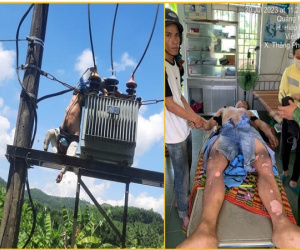 Tên trộm bị treo lơ lửng trên trụ điện
