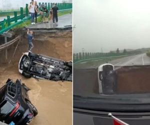 Khoảnh khắc ô tô lao vun vút trên cao tốc trước khi rơi xuống cầu sập vì mưa lũ