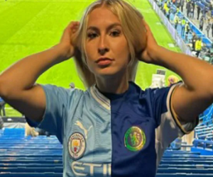 Nữ fan cuồng nóng bỏng gây bão khi đến sân cổ vũ với... áo nửa Man City, nửa Chelsea