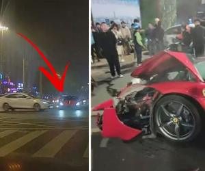Xế sang Ferrrari bị đâm nát đầu giữa ngã tư vì vượt đèn đỏ