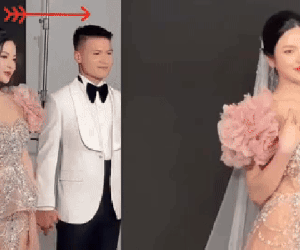Quang Hải diện vest bảnh bao chụp ảnh cưới cùng Chu Thanh Huyền nhưng dân tình chỉ chú ý đến cách chú rể 'hack' chiều cao