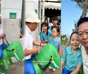 Ông bố cưỡi khủng long đến đón con tan học tiết lộ lý do cay mắt phía sau clip hài hước 10 triệu view