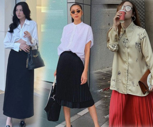 Hội mỹ nhân Việt phối áo sơ mi với 4 kiểu váy che chân 'cột đình', biến eo bánh mì thành con kiến