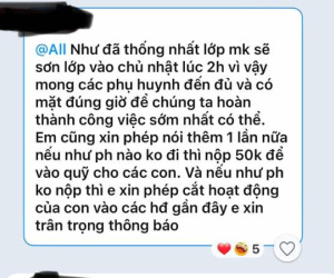 Xôn xao tin nhắn Ban phụ huynh yêu cầu các phụ huynh đi sơn lớp, không đi thì đóng 50.000 kèm theo lời 'đe nẹt'?