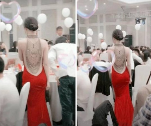 Hình ảnh tấm lưng trần của cô dâu trong tiệc cưới đông quan khách gây tranh cãi kịch liệt