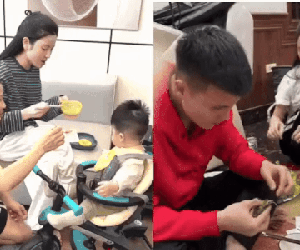 Trong bữa cơm nhà chồng, Chu Thanh Huyền miệt mài tám chuyện, Quang Hải chỉ cười mỉm cũng đủ thấy cưng vợ cỡ nào