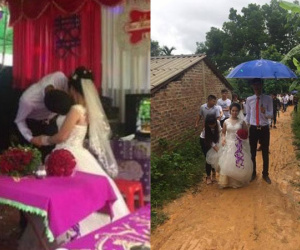Chú rể Phú Thọ khó hôn cô dâu trong đám cưới vì chênh nhau 50 cm