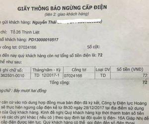 Nợ 72 đồng, khách hàng ở Hà Nội nhận giấy thông báo ngừng cấp điện