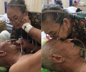 Tình yêu khiến ai cũng ao ước: Bà hôn lên trán vỗ về chồng trên giường bệnh, ông choàng tay ôm vợ lưu luyến