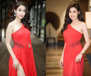 Hoa hậu Đỗ Mỹ Linh và Á hậu Tú Anh tiếp tục đụng váy đỏ rực rỡ