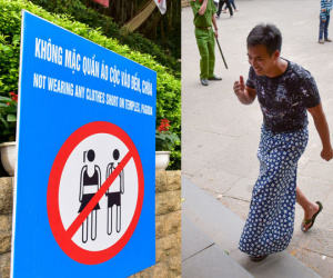 Video ảnh: Công an ngăn người mặc quần đùi, váy ngắn vào Đền Hùng