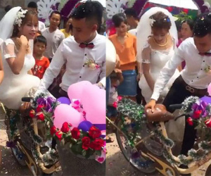 Lâu lắm rồi mới có một đám cưới đón dâu bằng... xe đạp khiến dân mạng thích thú
