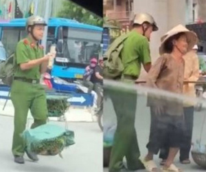 Nam sinh cảnh sát giữa trưa nắng giúp 2 bà cụ gánh rau qua đường