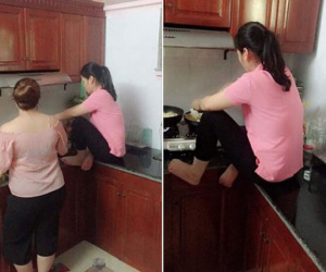 Em chồng đăng ảnh chế giễu chị dâu ngồi xổm trên bàn bếp, ai ngờ dân mạng bênh chằm chặp
