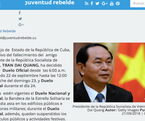 Cuba tổ chức quốc tang tưởng niệm Chủ tịch nước Trần Đại Quang
