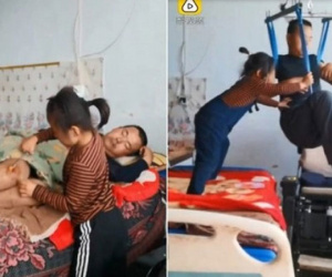 Xúc động hình ảnh bé gái 6 tuổi một mình chăm sóc cha tàn tật