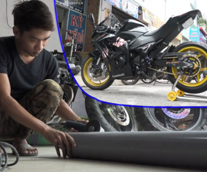 Video Người 'may áo' cho môtô bằng ống nước ở Sài Gòn