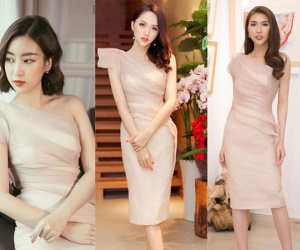 Cùng diện 1 mẫu đầm lệch vai, Đỗ Mỹ Linh ghi điểm hơn hẳn với Hương Giang và Tường Linh nhờ mái tóc ngắn