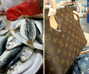 Bà ngoại dùng túi hiệu LV của cháu trai tặng để đi chợ mua cá