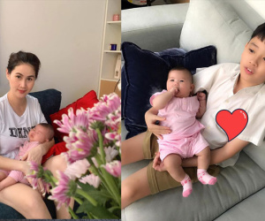 Chịu khó bế em chuẩn 'soái ca đảm' là thế nhưng con trai Thân Thúy Hà lại có phản ứng khó đỡ khi em gái làm việc này