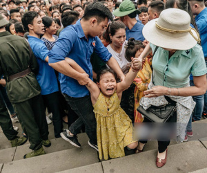 Chùm ảnh: Em nhỏ hoảng sợ khóc thét, được người nhà lôi kéo chen chúc giữa biển người tiến vào đền Hùng