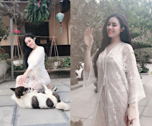 'Cựu Á hậu' Thư Dung lại khiến cộng đồng mạng 'nhức mắt', ngán ngẩm vì diện váy ren xuyên thấu vào chùa chụp ảnh
