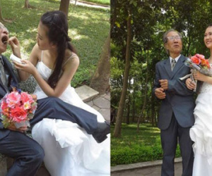 Ảnh cưới cụ ông và cô gái trẻ như học sinh ở Việt Nam gây xôn xao