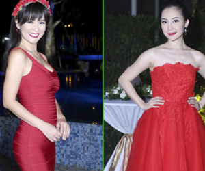 Hồng Nhung, Linh Nga diện váy đỏ rực đi sự kiện