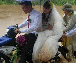 Ảnh cô dâu, chú rể cười tươi trong mưa lũ hút dân mạng