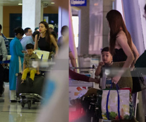 Hồ Ngọc Hà đẩy bé Subeo trên xe hành lí gây chú ý tại sân bay