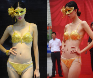 Người mẫu Trung Quốc catwalk với nội y bằng vàng
