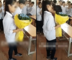 Clip: Ngày 20/10, học sinh tặng hoa và... hôn nhau ngay trong lớp