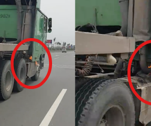 Ô tô tải bốc cháy vẫn phi nhanh trên đường
