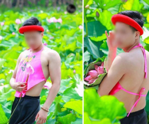 Chàng trai mặc yếm hồng chụp với hoa sen: "Phụ nữ làm được thì chúng tôi cũng làm được"