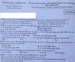 Bài giải, đề thi môn Sinh học THPT quốc gia 2016