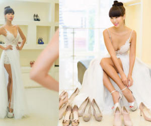 Hà Anh thử váy cưới khoét ngực, hở lưng