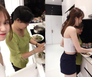 Ngọc Trinh tình cảm vào bếp với mẹ kế