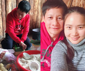 Đại gia Đức An vừa trông con vừa gói bánh chưng