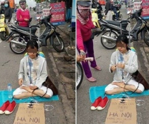 Cô gái ngồi giữa đường xin tiền về Hà Nội