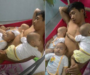 Ông bố một mình "cân" 3 nhóc tì sinh 3, "đánh đu" trên võng mới đáng yêu làm sao