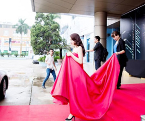 Hình ảnh người mẹ nâng váy, đẩy hành lý cho con ở showbiz Việt