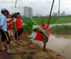 Sau mưa bão, người Hà Nội cất vó đánh cá cạnh các Khu đô thị mới