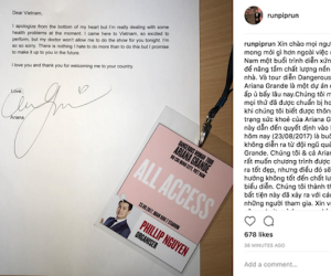 Phillip Nguyễn đăng thư xin lỗi khán giả kèm theo chữ ký của Ariana Grande