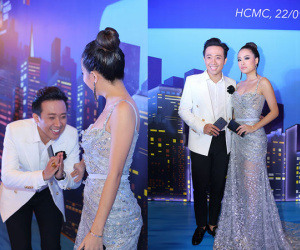 Trấn Thành khúm núm chắp tay chào hỏi Hoàng Thùy Linh