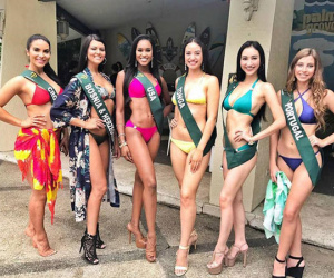 Hà Thu đọ dáng cùng thí sinh Hoa hậu Trái đất trong trang phục bikini