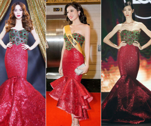 Thay vì sáng tạo riêng cho Huyền My, NTK Lý Quí Khánh lại khéo "tái chế" từ đầm cũ của Hà Hồ