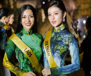 Thí sinh Hoa hậu Hòa bình Quốc tế chụp ảnh áo dài ở động Thiên Đường