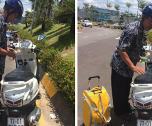 Xúc động hình ảnh người cha đi xe máy đón con ở sân bay, sợ yên xe nóng làm phỏng con nên đã làm điều không tưởng